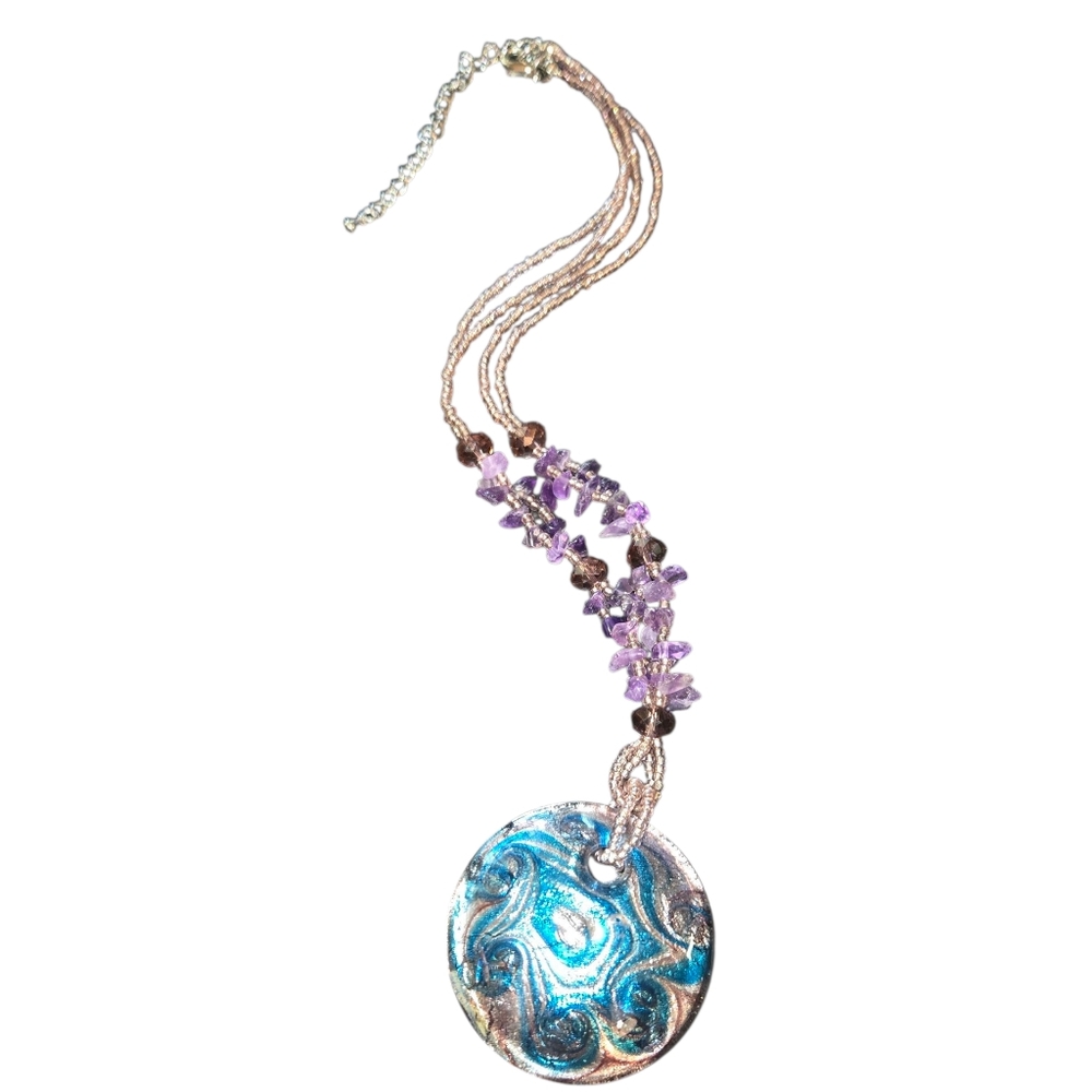 Blue & Purple Amethyst & Seed Bead Necklace With Round Art Glass Pendant 16"